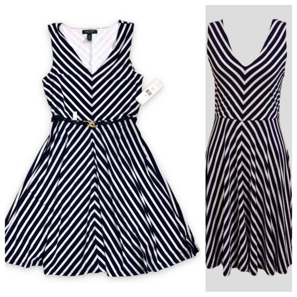 NWT LAUREN RALPH LAUREN NAVY WHITE STRIPE MIDI DRESS Size Petite M (MP)